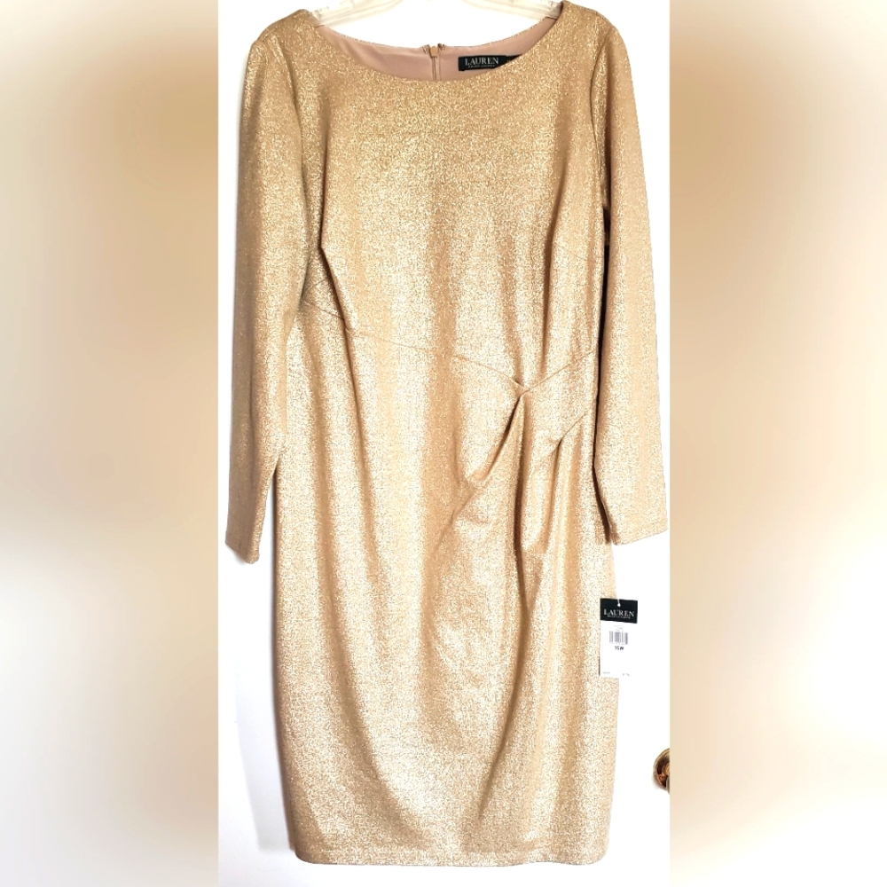 Ralph Lauren Light Gold Shimmery Elegant Runched  Cocktail Dress